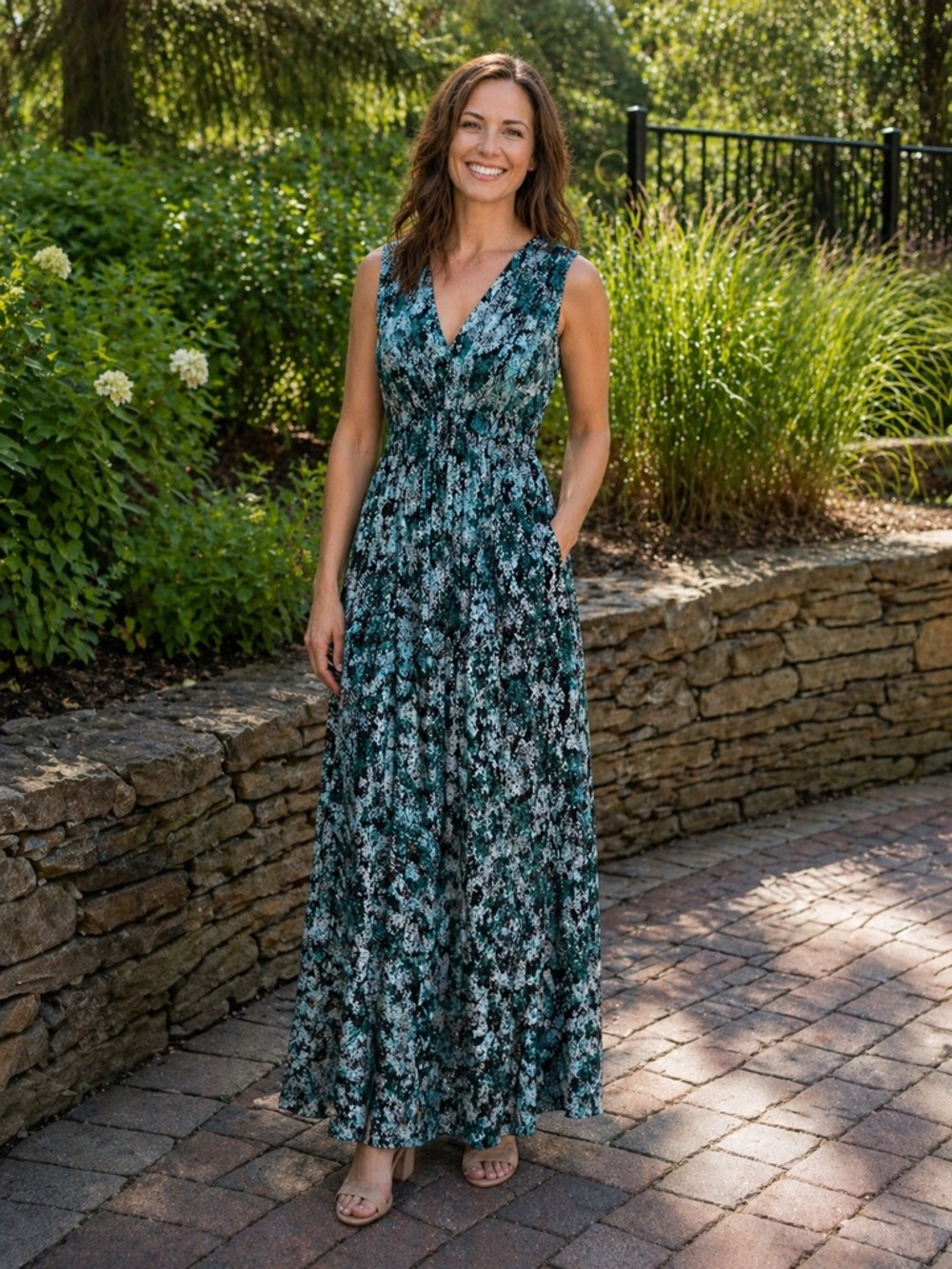 Michael Kors Teal Abstract Print Maxi Dress – Size Medium